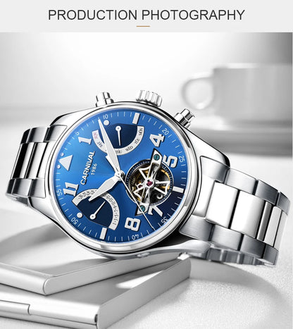 CARNIVAL Fashion Tourbillon Mechanical Watches for Man Automatic Watch Sapphire Waterproof Calendar Luminous Relogio Masculino