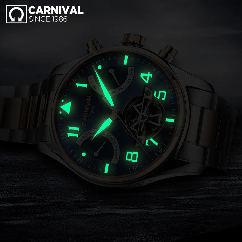 CARNIVAL Fashion Tourbillon Mechanical Watches for Man Automatic Watch Sapphire Waterproof Calendar Luminous Relogio Masculino