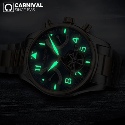 CARNIVAL Fashion Tourbillon Mechanical Watches for Man Automatic Watch Sapphire Waterproof Calendar Luminous Relogio Masculino