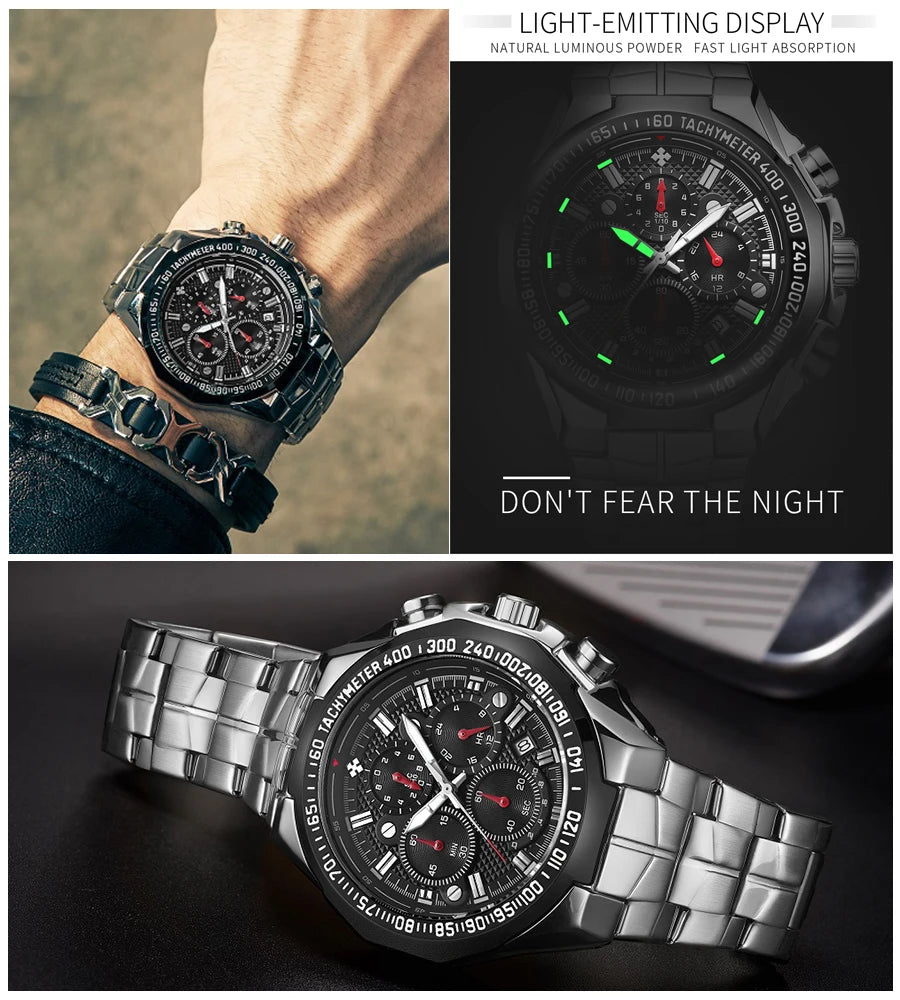 WWOOR Top Brand Luxury Sport Watch For Men Quartz Chronograph Date Luminous Black Full Steel Wrist Watch Male Clock Reloj Hombre