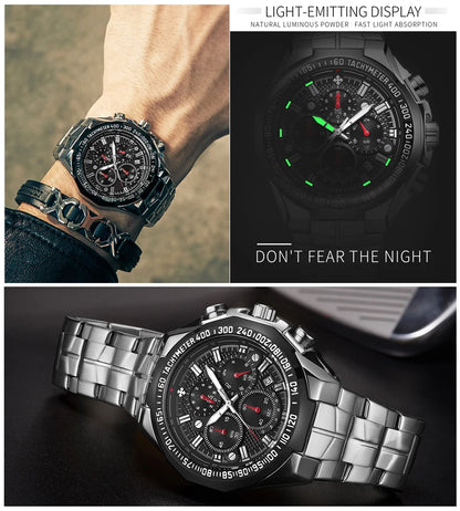 WWOOR Top Brand Luxury Sport Watch For Men Quartz Chronograph Date Luminous Black Full Steel Wrist Watch Male Clock Reloj Hombre