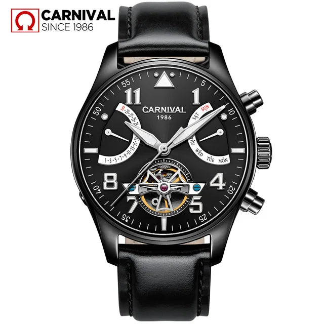 CARNIVAL Fashion Tourbillon Mechanical Watches for Man Automatic Watch Sapphire Waterproof Calendar Luminous Relogio Masculino