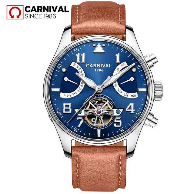 CARNIVAL Fashion Tourbillon Mechanical Watches for Man Automatic Watch Sapphire Waterproof Calendar Luminous Relogio Masculino