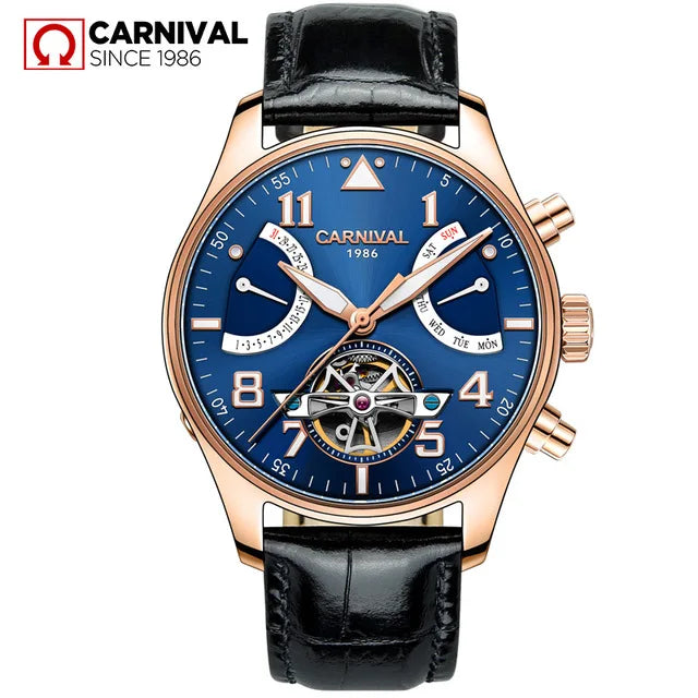 CARNIVAL Fashion Tourbillon Mechanical Watches for Man Automatic Watch Sapphire Waterproof Calendar Luminous Relogio Masculino