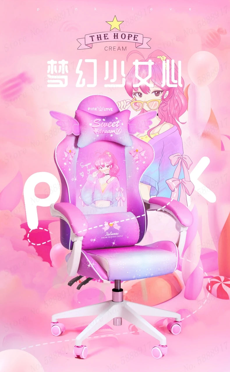 New Cute E-Sports Chair Rose Pink Office Home Furniture Computer Chair Animation Girl Game Chair Lift Rotation Can Be Adjusted
