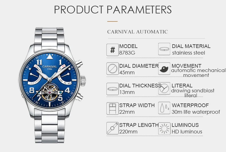 CARNIVAL Fashion Tourbillon Mechanical Watches for Man Automatic Watch Sapphire Waterproof Calendar Luminous Relogio Masculino
