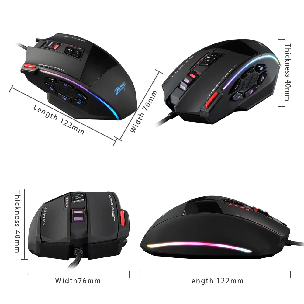 ZELOTES C-13 RGB Gaming Mouse with Side Buttons Macro Programming 10000DPI Adjustable 13 Key Wired USB Backlit Mouse for Desktop