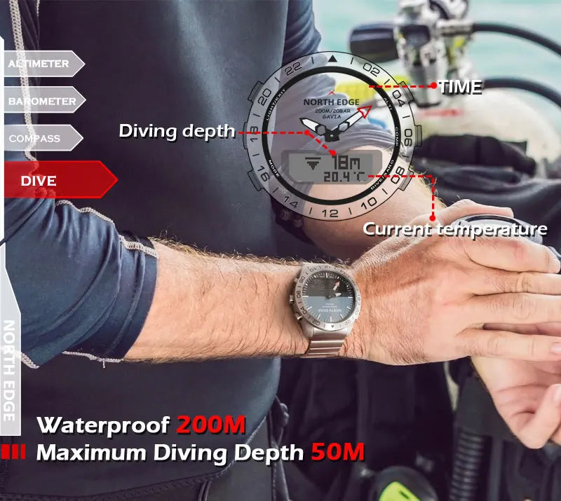 NORTH EDGE Mens Dive Watch Military Army Luxury Full Steel Smartwatch Compass Altimeter Barometer Digital Clock Waterproof 200m