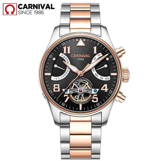 CARNIVAL Fashion Tourbillon Mechanical Watches for Man Automatic Watch Sapphire Waterproof Calendar Luminous Relogio Masculino