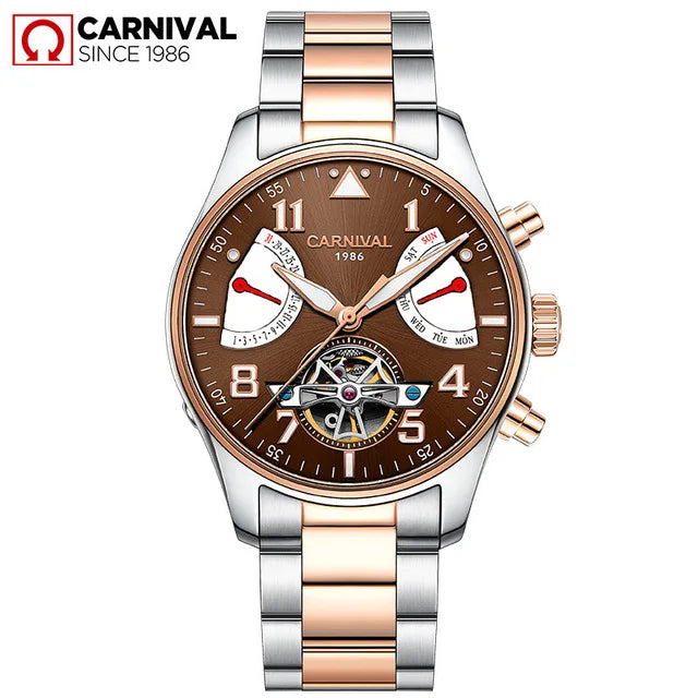CARNIVAL Fashion Tourbillon Mechanical Watches for Man Automatic Watch Sapphire Waterproof Calendar Luminous Relogio Masculino