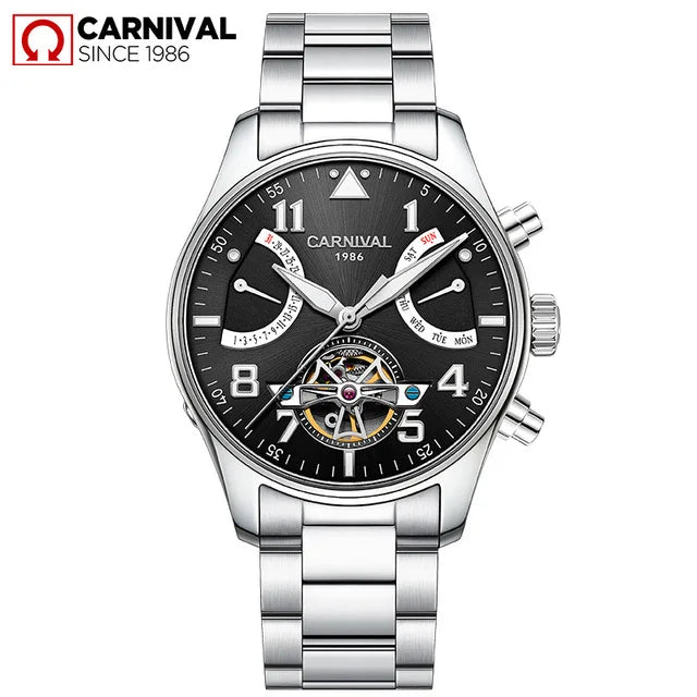 CARNIVAL Fashion Tourbillon Mechanical Watches for Man Automatic Watch Sapphire Waterproof Calendar Luminous Relogio Masculino