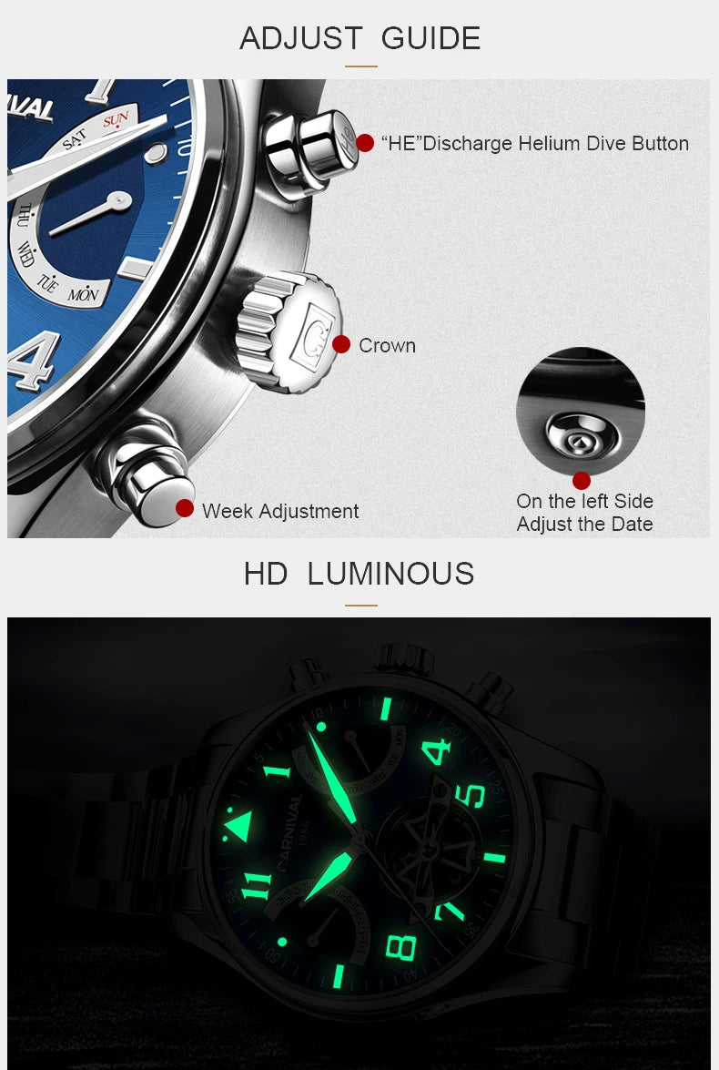 CARNIVAL Fashion Tourbillon Mechanical Watches for Man Automatic Watch Sapphire Waterproof Calendar Luminous Relogio Masculino