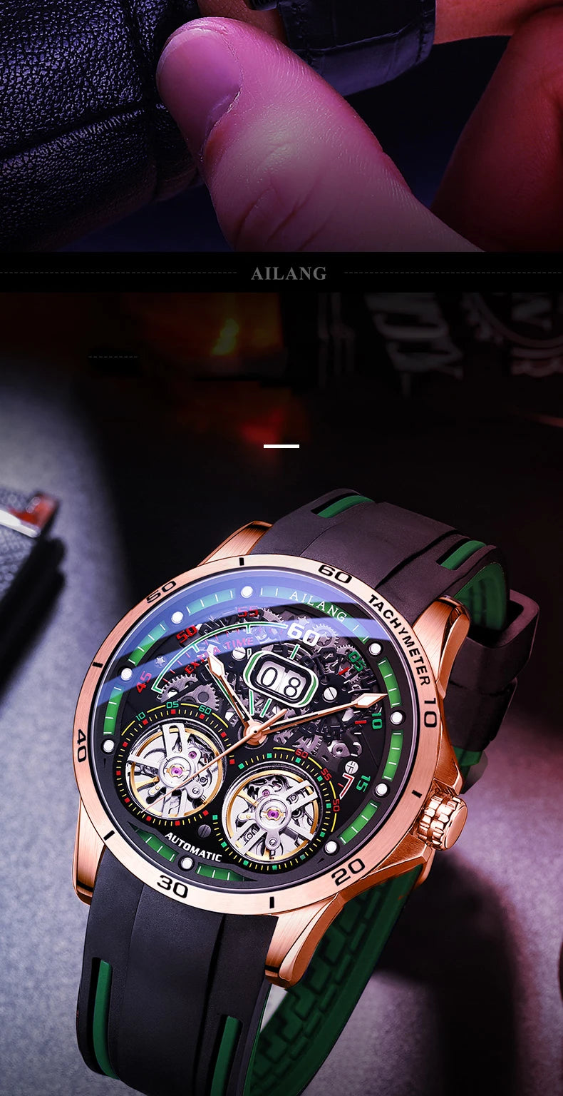 AILANG Super Cool Double Tourbillon Automatic Mechanical Watch Men Luxury Brand Luminous Waterproof Watches Men's Reloj Hombre