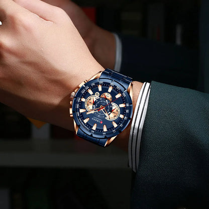 Men New CURREN Casual Sport Chronograph Men's Watch Stainless Steel Band Wristwatch Big Dial Quartz Clock with Luminous Pointers