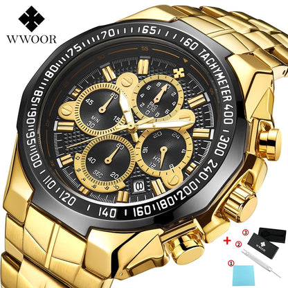 WWOOR Top Brand Luxury Sport Watch For Men Quartz Chronograph Date Luminous Black Full Steel Wrist Watch Male Clock Reloj Hombre