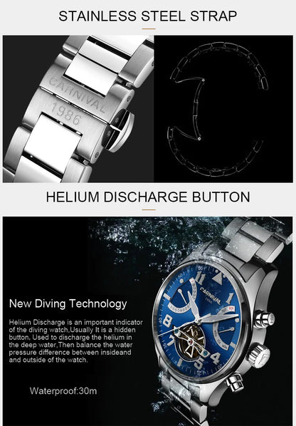 CARNIVAL Fashion Tourbillon Mechanical Watches for Man Automatic Watch Sapphire Waterproof Calendar Luminous Relogio Masculino