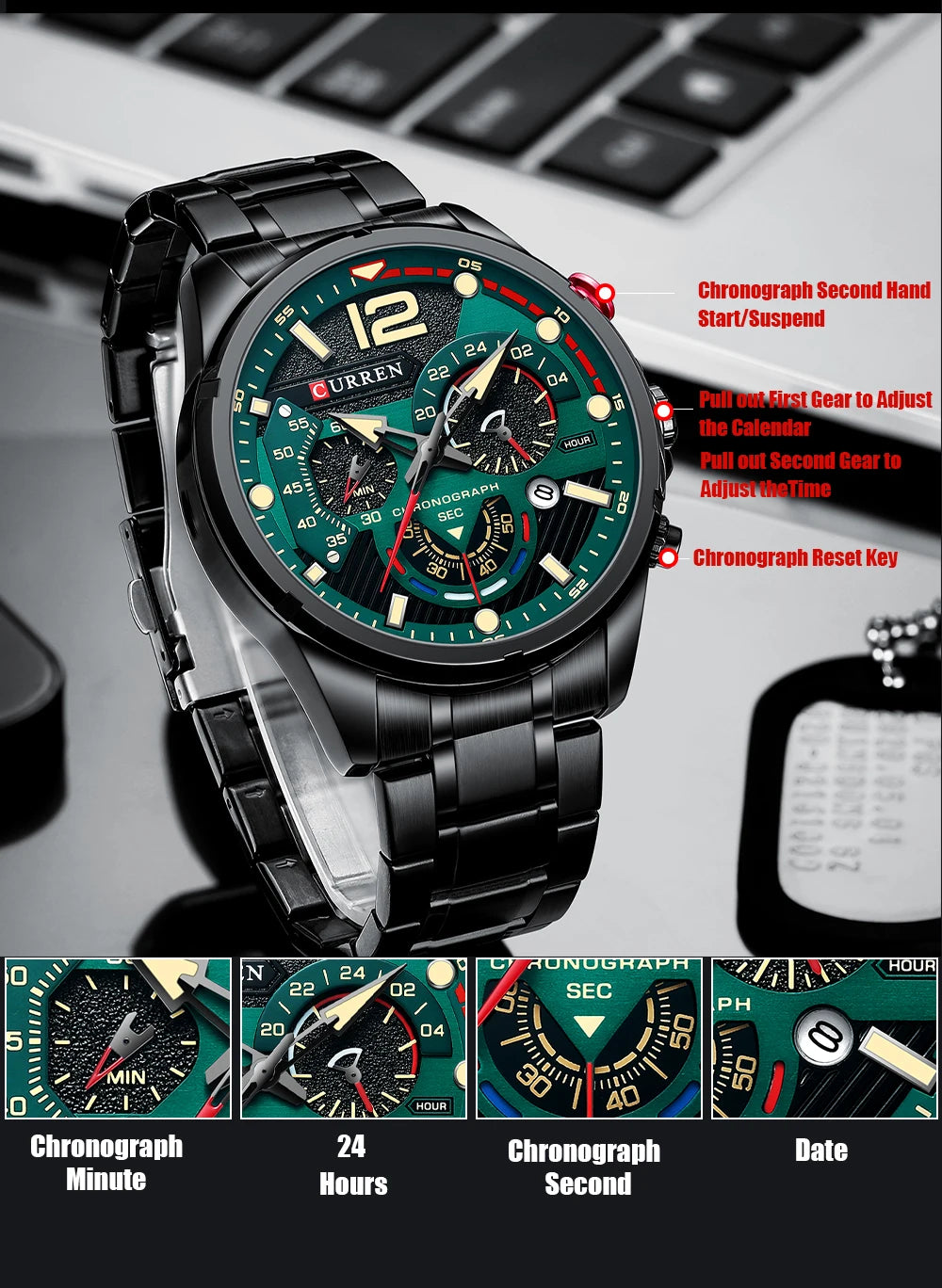 CURREN Watches Men's Sport Quartz Chronograph Wristwatches Luxury Stainless Steel Clock with Luminous Watch Relogio Masculino