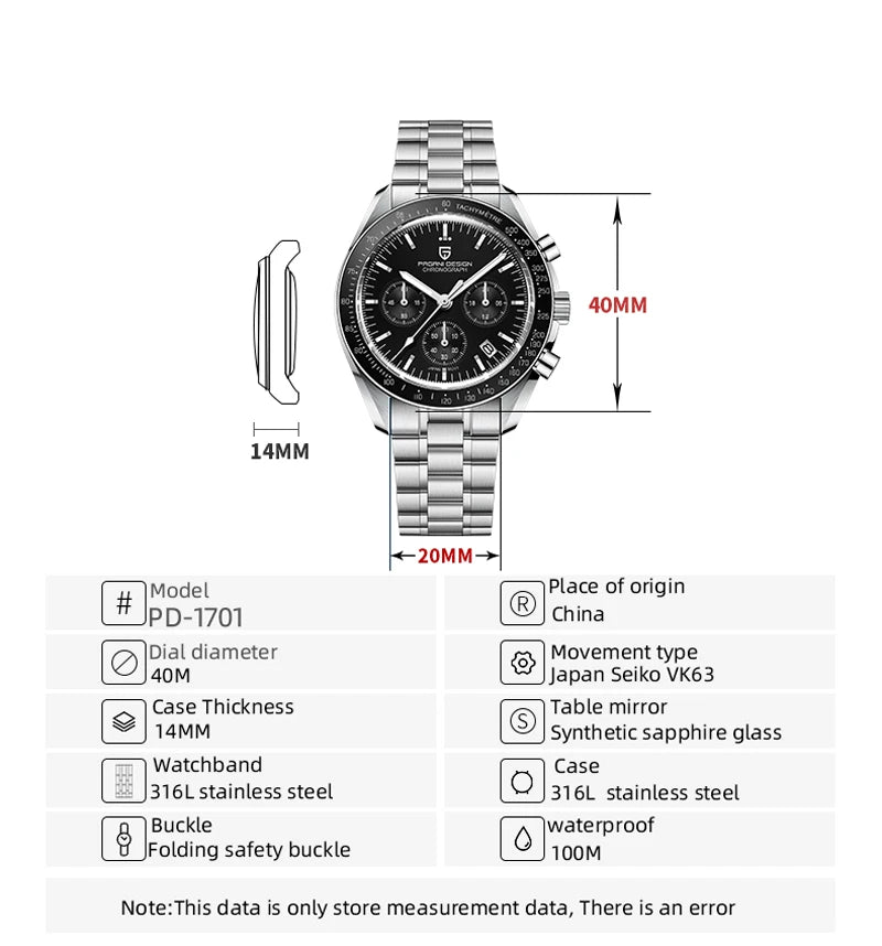 PAGANI DESIGN Nouvelle CK2988 Moon Watches Montre rétro de luxe à quartz pour homme Verre saphir Chronographe de vitesse Montre-bracelet pour homme