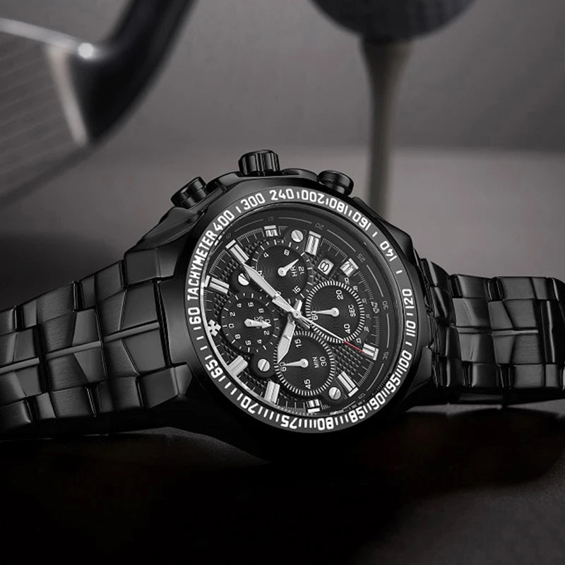 WWOOR Top Brand Luxury Sport Watch For Men Quartz Chronograph Date Luminous Black Full Steel Wrist Watch Male Clock Reloj Hombre