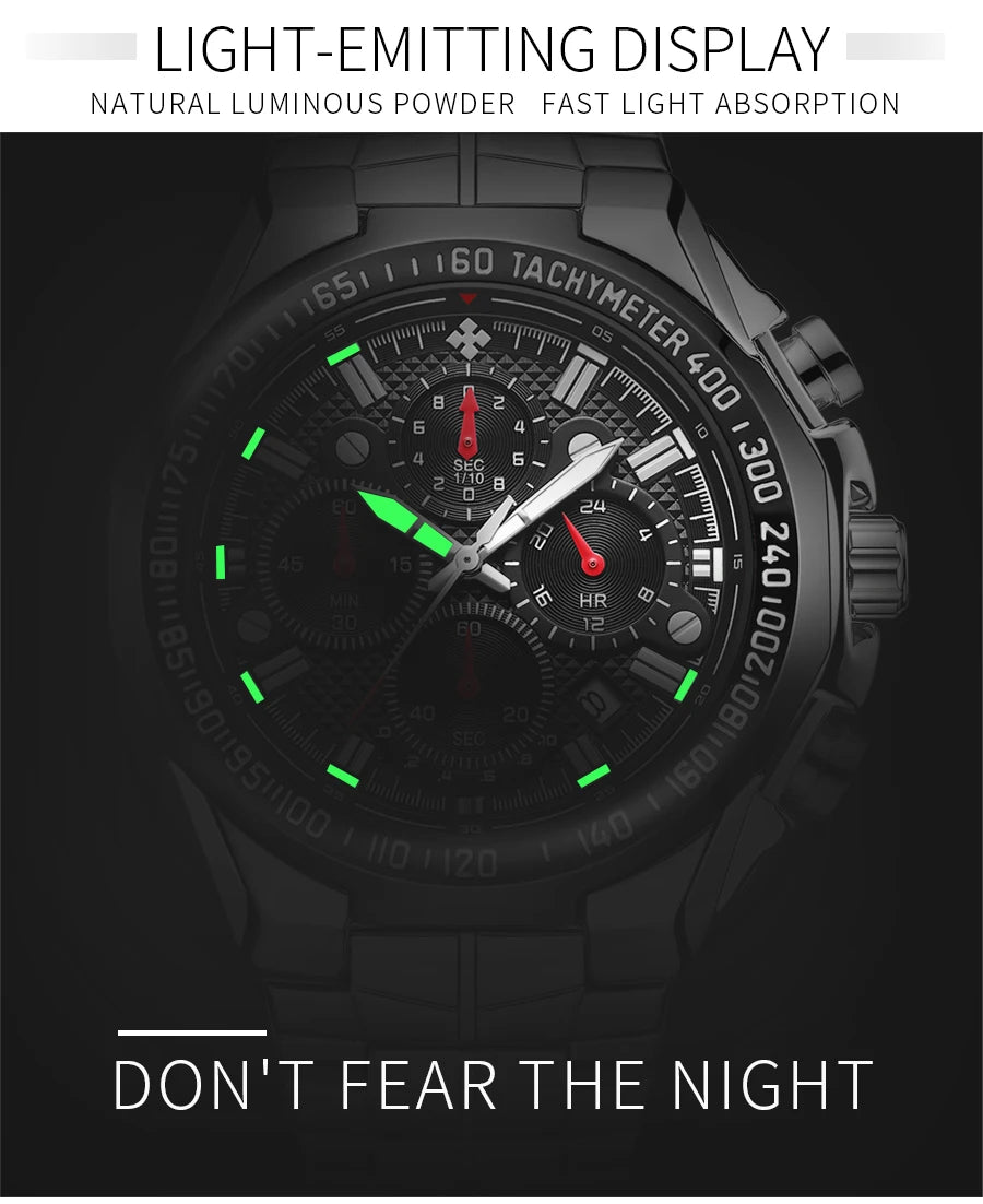 WWOOR Top Brand Luxury Sport Watch For Men Quartz Chronograph Date Luminous Black Full Steel Wrist Watch Male Clock Reloj Hombre