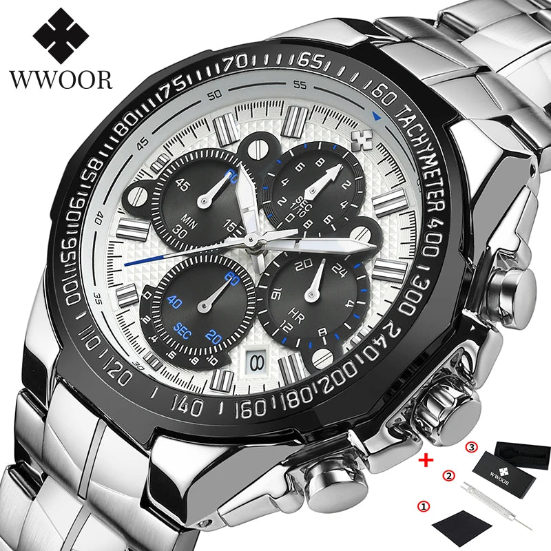 WWOOR Top Brand Luxury Sport Watch For Men Quartz Chronograph Date Luminous Black Full Steel Wrist Watch Male Clock Reloj Hombre
