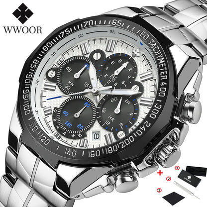 WWOOR Top Brand Luxury Sport Watch For Men Quartz Chronograph Date Luminous Black Full Steel Wrist Watch Male Clock Reloj Hombre