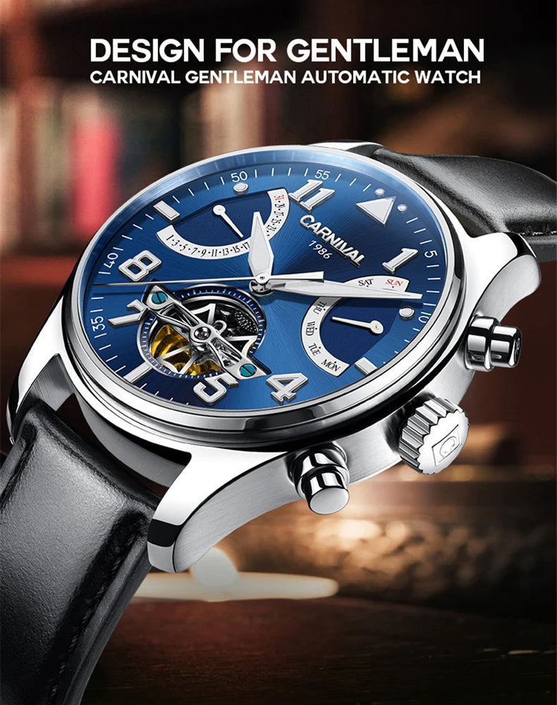 CARNIVAL Fashion Tourbillon Mechanical Watches for Man Automatic Watch Sapphire Waterproof Calendar Luminous Relogio Masculino