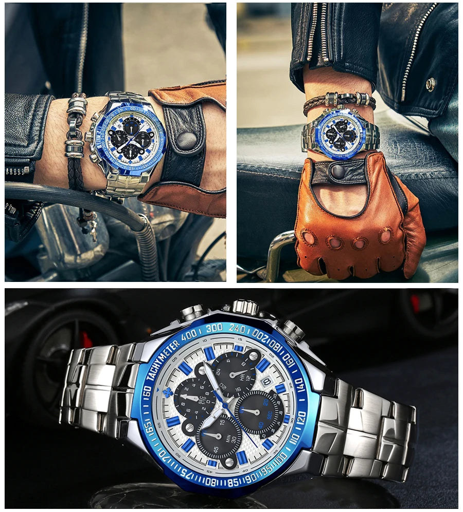 WWOOR Top Brand Luxury Sport Watch For Men Quartz Chronograph Date Luminous Black Full Steel Wrist Watch Male Clock Reloj Hombre