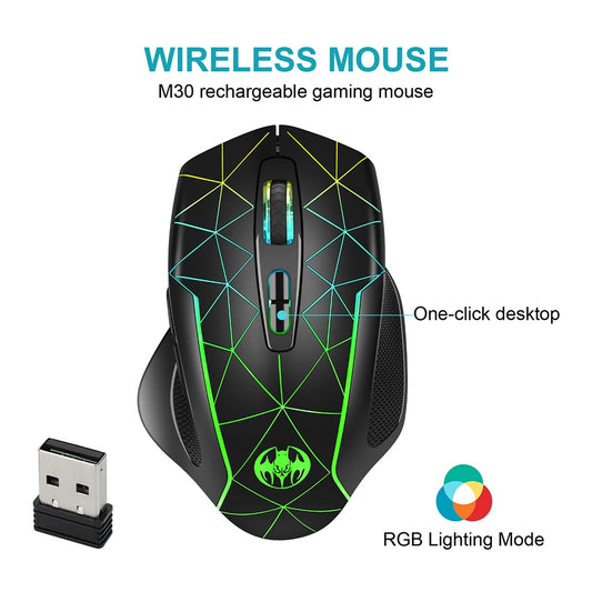 2.4G nabíjateľná bezdrôtová herná myš, počítačová myš USB, ergonomická myš s RGB podsvietením pre notebook a PC