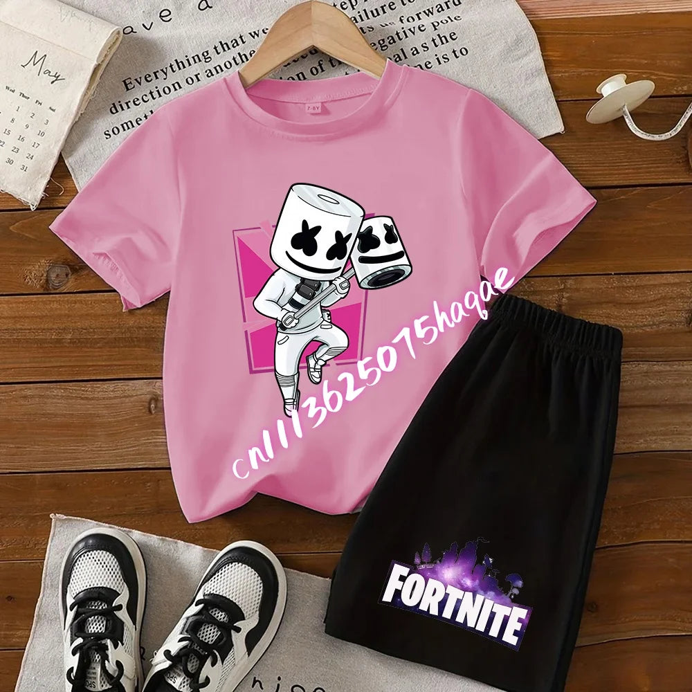 Σετ παιδικό Fortnite με T-shirt και σορτς, μπλουζάκι με εκτύπωση cartoon φιγούρας, καλοκαιρινό casual αθλητικό ένδυμα για αγόρια