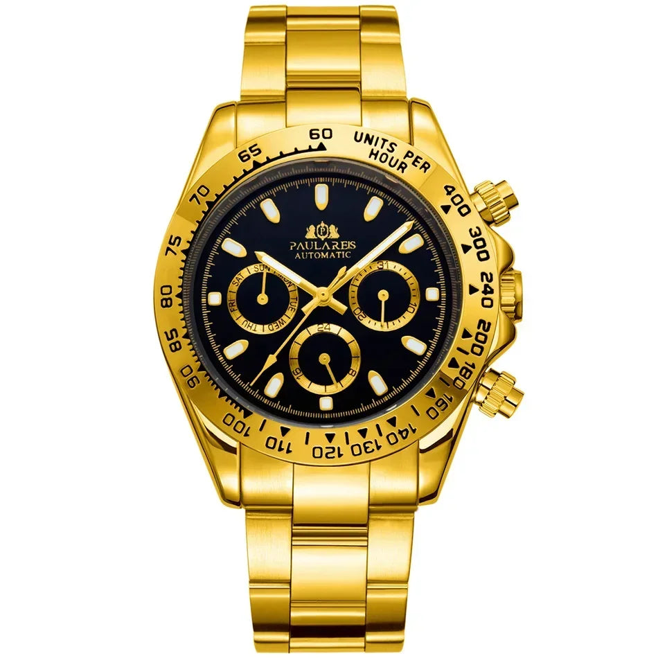 Automatic Mens Watch Self Wind Mechanical Gold Stainless Steel Glacier Ice Blue Dial Chestnut Brown Bezel Luminous Men Watches