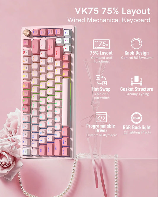 Womier VK75 Wired Mechanical Keyboard Retro Pink Custom Hot-swappable Keyboard for PC Computer Laptop
