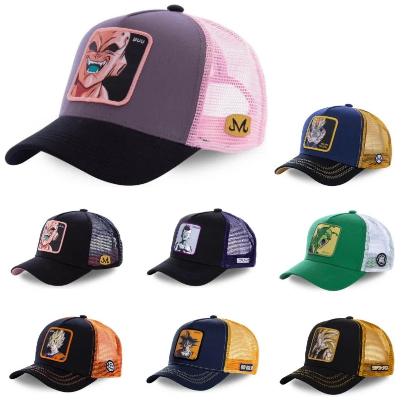 Dragon Ball Son Goku-Kappe, Sommer-Reisekappe mit Schirm, Herren-Kappe mit Stickerei, im Hip-Hop-Stil, Sonnenvisier, verstellbare Trucker-Kappe aus Netzstoff