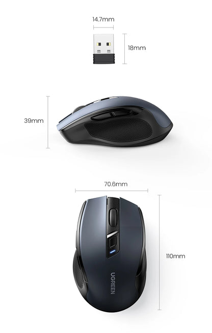 UGREEN belaidė pelė Bluetooth5.0, ergonomiška 4000DPI pelė su 6 tyliais mygtukais, skirta MacBook, planšetėms, nešiojamiesiems kompiuteriams, kompiuteriams ir PC, 2.4G pelė