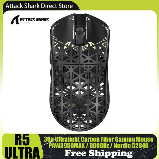ATTACK SHARK R5 Ultra anglies pluošto belaidė žaidimų pelė, PixArt PAW3950MAX žaidimų jutiklis, 42000DPI, 8000Hz, MCU Nordic 52840