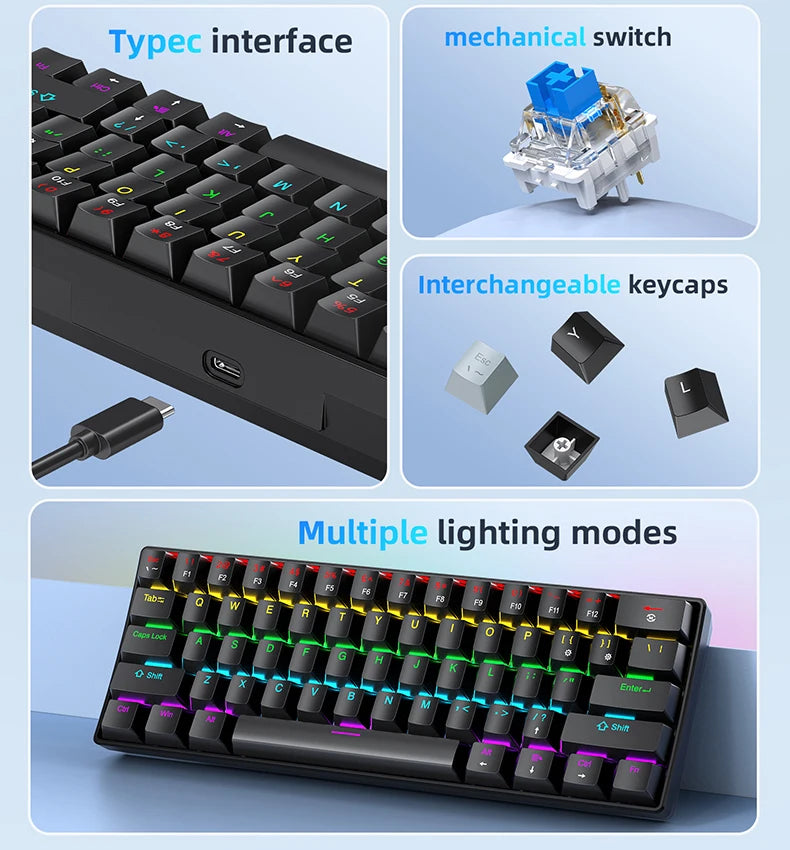 61 Keys RGB Mechanical Keyboard Wired K61 Mini Keyboard 60% Portable Black, White, Red/Blue Switch for Gaming/Work