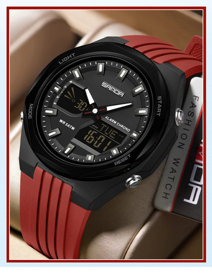 Fashion SANDA 6267 Men's Electronic Watch Multifunctional Operation Night light waterproof Dual Display Student Electronic Watch