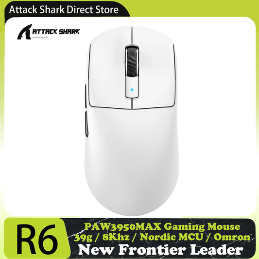 ATTACK SHARK R6 PAW3950MAX belaidė žaidimų pelė, 8Khz apklausa, itin lengva 39g, Nordic 52840 MCU, Omron optiniai mikrojungikliai