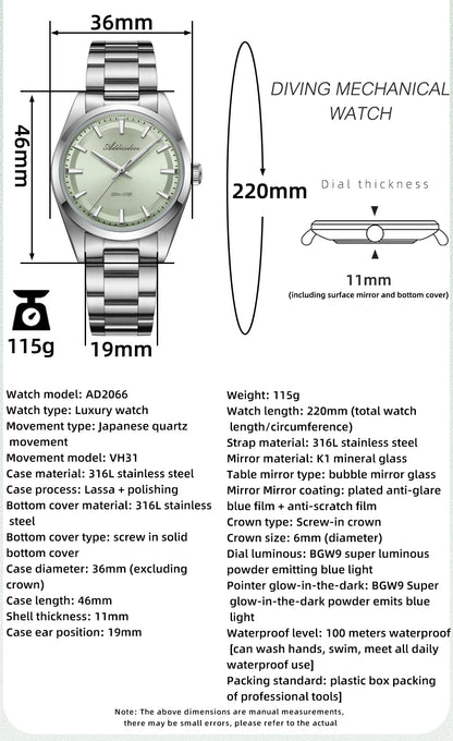 ADDIESDIVE 2024 New AD2066 Men's Watches Bubble Mirror Pot Cover Glass Stainless Steel Waterproof  Quartz Watch Man reloj hombre