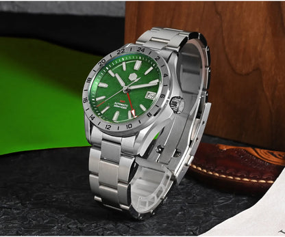 Relógio de Luxo para Homem San Martin 39mm com Mostrador em Pedra Aventurina, NH34 GMT Automático Mecânico, Safira, Impermeável e Luminescente SN0129
