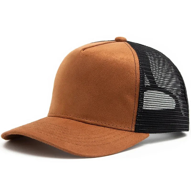 2025 m. unisex 5 dalių tinklinė zomšinė „Trucker“ kepurė su individualiu logotipo spaudiniu vyrams, beisbolo kepuraitė pavasariui ir vasarai, kvėpuojančios sportinės kepurės moterims