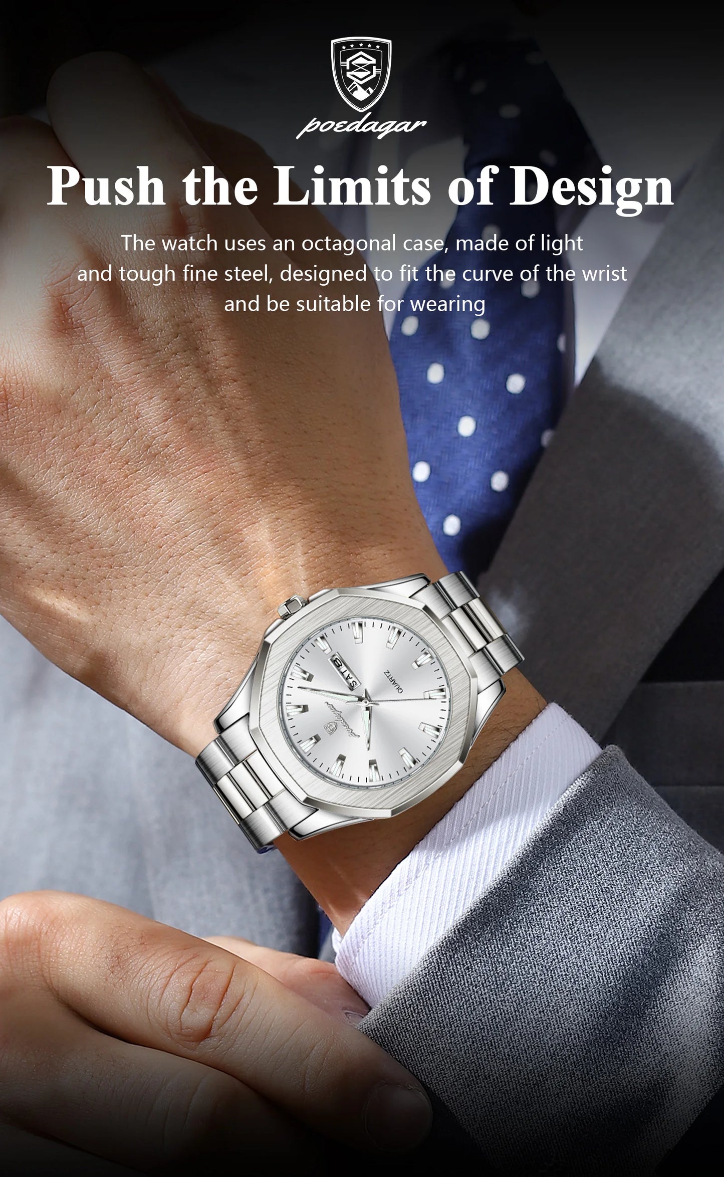 POEDAGAR Luxury Men Wristwatch Waterproof Luminous Week Date Casual Man Clock Stainless Steel Quartz Fashion Men's Watches Reloj