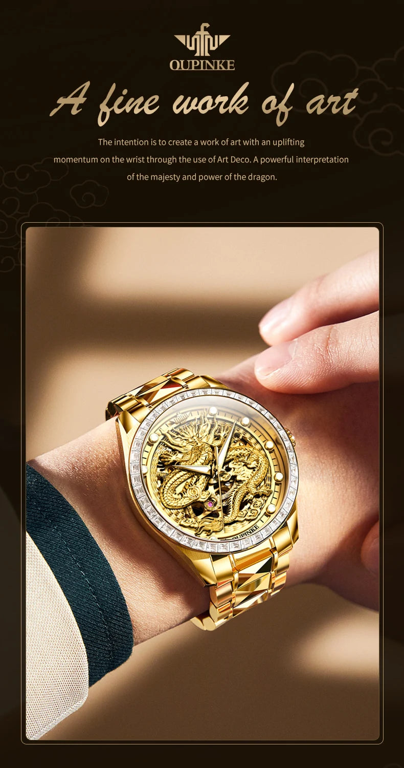 Reloj para hombre OUPINKE de marca de lujo, oro y acero de tungsteno, original, automático mecánico, con esfera decorada con motivo de dragón