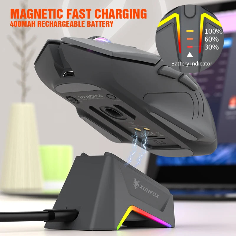 XUNSVFOX H2 langaton Bluetooth-kaksoistilahiiri RGB-valaistustehosteella kannettavalle, pelaamiseen ja toimistokäyttöön, magneettinen lataus