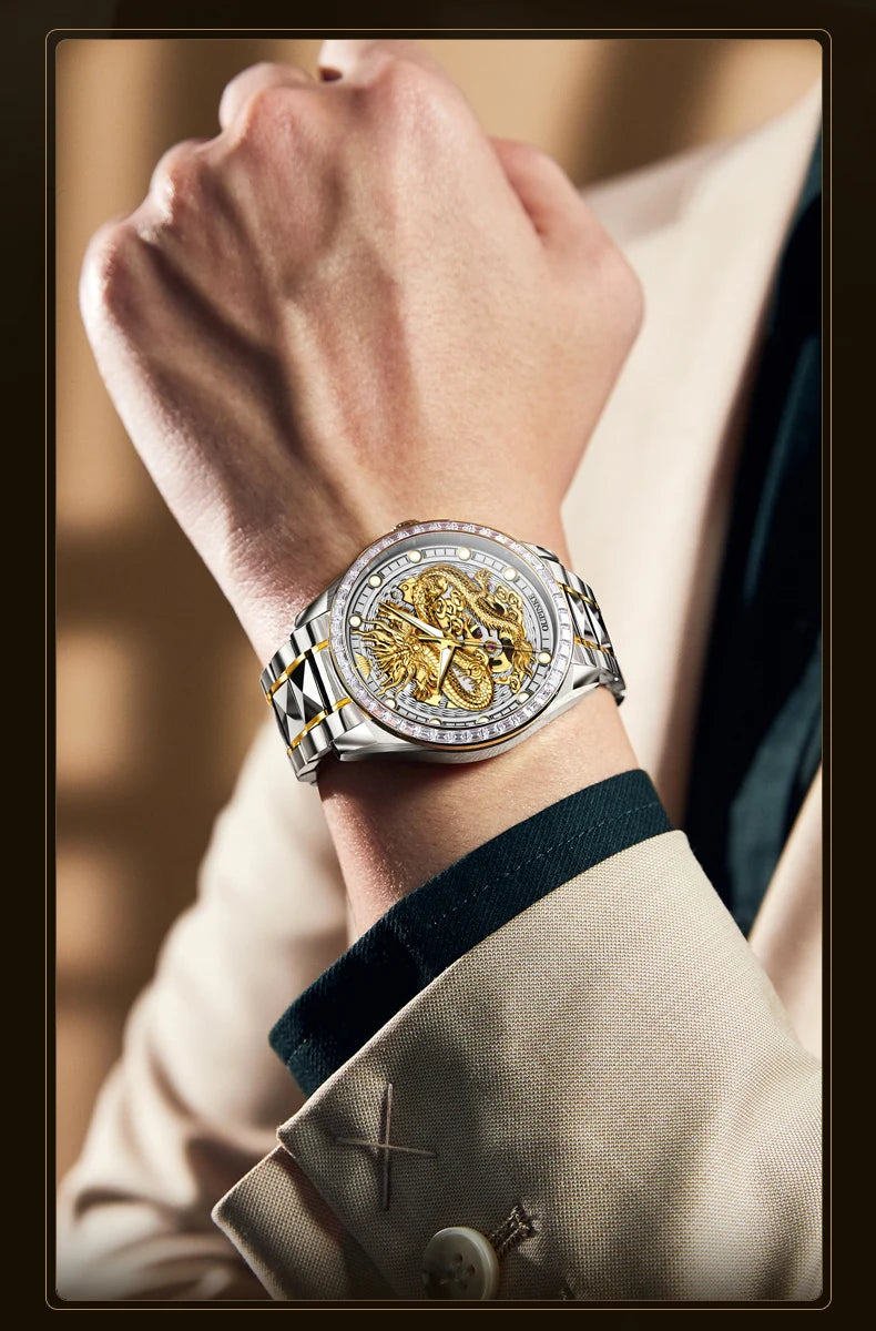 Reloj para hombre OUPINKE de marca de lujo, oro y acero de tungsteno, original, automático mecánico, con esfera decorada con motivo de dragón