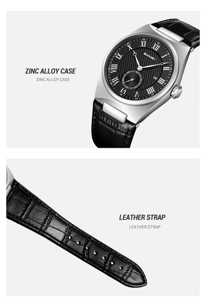 SKMEI 9390 Elegant Men's Quartz Watch Roman Scale Calendar Waterproof Leather Strap Casual Business Watches for Man Reloj Hombre