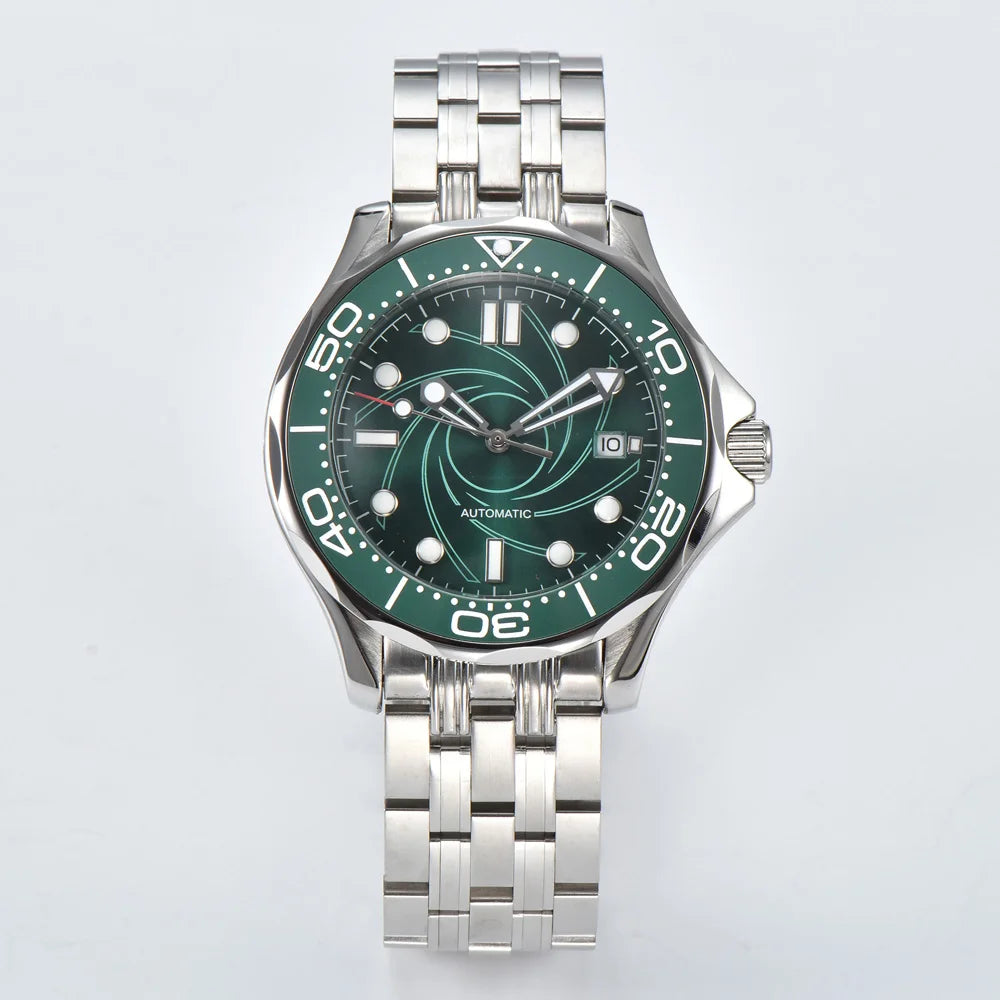Parnsrpe Nouvelle montre de plongée automatique Miyota 8215 pour homme, sport de luxe, cadran vert, luminescent, verre saphir, date, étanche, bus