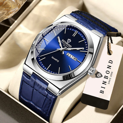 BINBOND Luxury leather strap quartz wristwatches precise luminous waterproof auto date week display durable men's watch reloj
