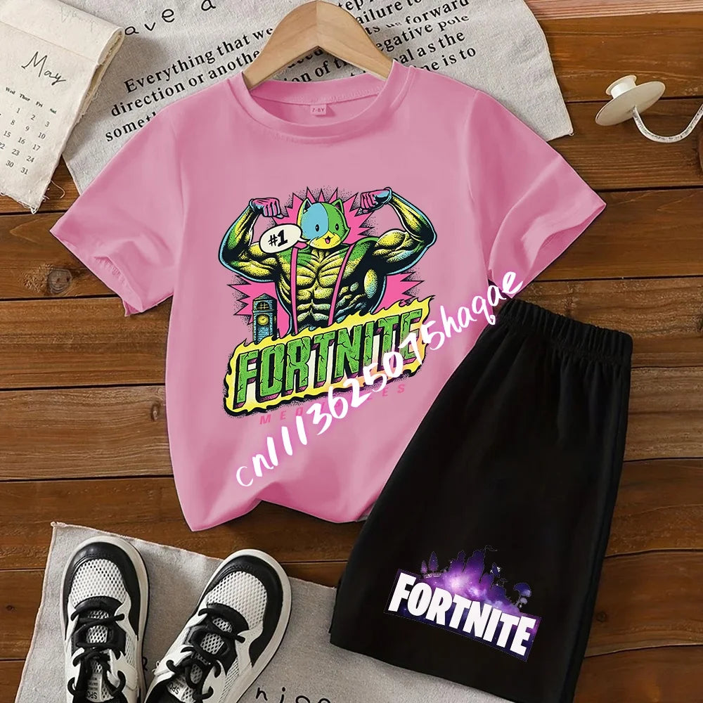 Σετ παιδικό Fortnite με T-shirt και σορτς, μπλουζάκι με εκτύπωση cartoon φιγούρας, καλοκαιρινό casual αθλητικό ένδυμα για αγόρια