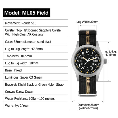 Militado ML05 38mm Military Field Watch VH31 Sweep Quartz Movement Domed Sapphire Crystal Waterproof 100M Super Luminous Watches